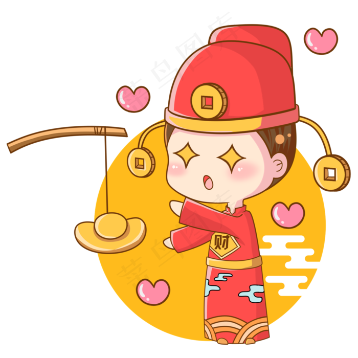 财神小公子在树枝上挂着金元宝,免抠元素(2000*2000px 300 dpi )psd模版下载
