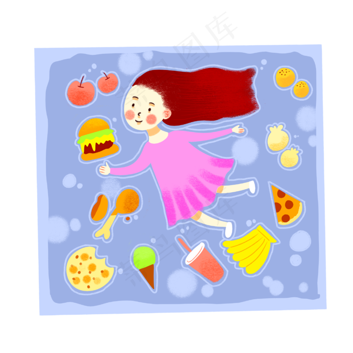 手绘矢量卡通美食餐饮零食和小女(3000X3000(DPI:762))psd模版下载