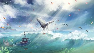 蓝鲸在蓝色海洋激起巨浪