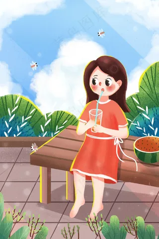 小清新夏天女孩户外喝冰饮