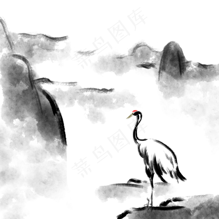 手绘水墨中国风仙鹤山水PNG,免抠元素