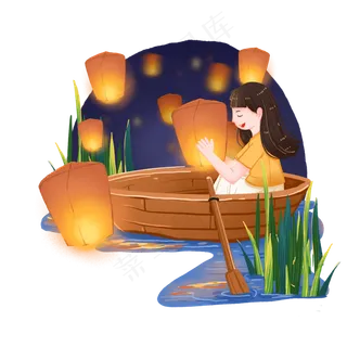 中元节乘船放飞孔明灯的女孩,免抠元素