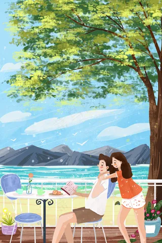 情侣海边度假看海景温馨小清新