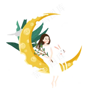 中秋节小姑娘和小兔赏月寄相思可,免抠元素