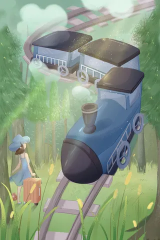 绿色出行方式森林女孩火车旅行清新