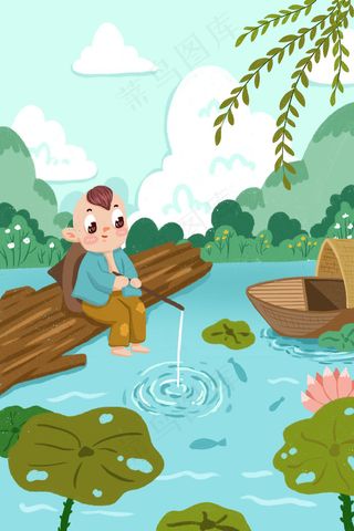 蓝色清明节牧童钓鱼小清新