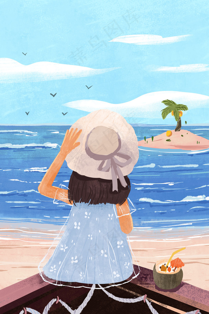 女孩背影海洋风光夏日(3543X4724(DPI:150))psd模版下载