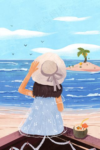 女孩背影海洋风光夏日