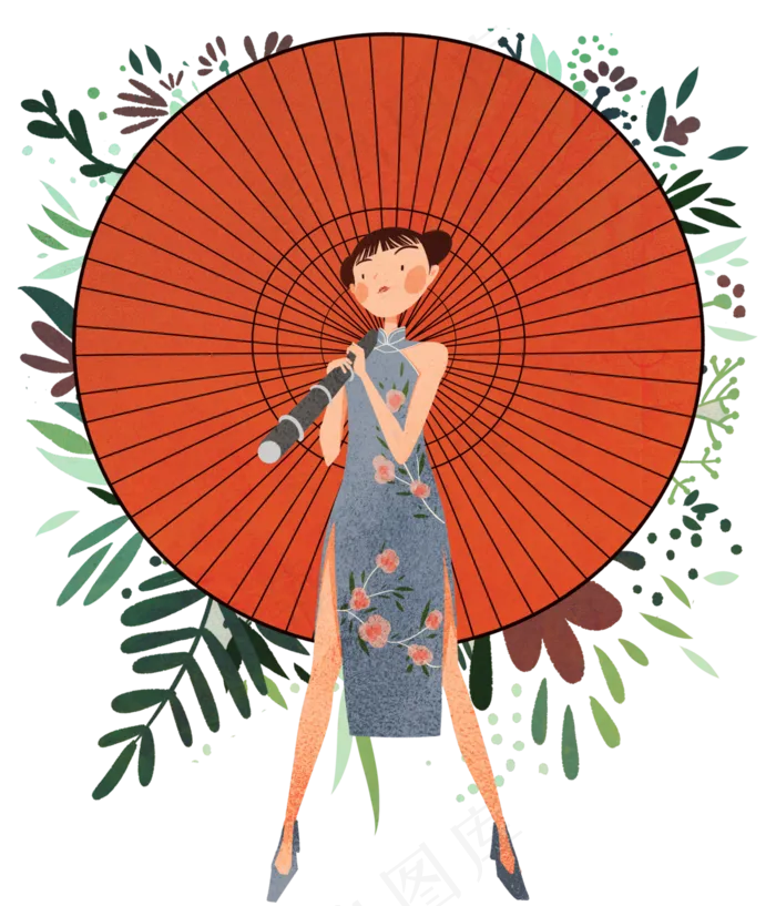 复古旗袍少女日本伞,免抠元素(3000*3500px 300 dpi )psd模版下载