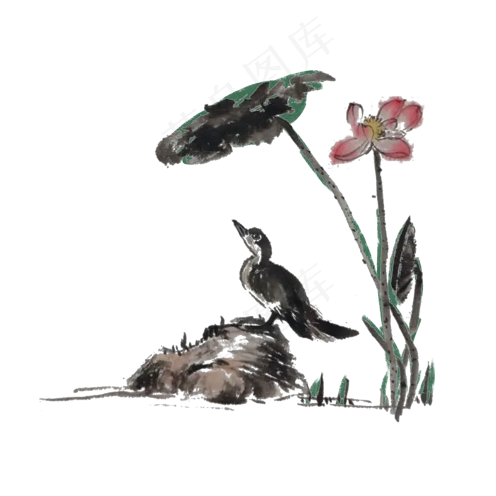 水墨荷花鸟手绘花草,免抠元素