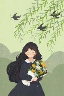 清明节气清明节少女雨天菊花绿色小清新唯美 清明节气清明节少女雨天菊花绿色小清新唯美