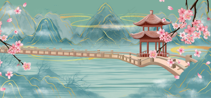 绿色清新水墨金线古风山水廊桥(1920*900px 	       )psd模版下载