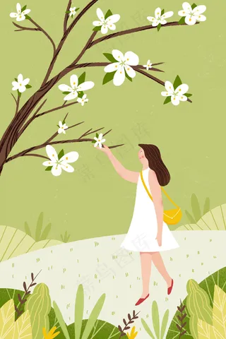 夏天大自然中赏花的女孩