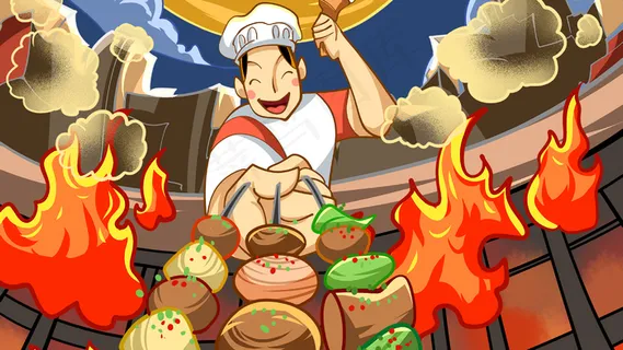 红色系卡通手绘风美食烧烤配图