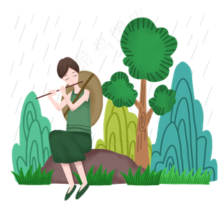 清明雨中吹笛女孩