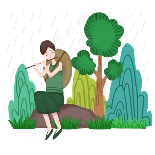 清明雨中吹笛女孩