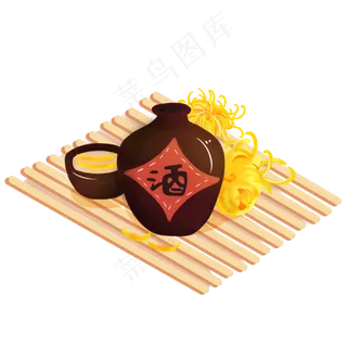 卡通手绘重阳节酒和菊花,免抠元素