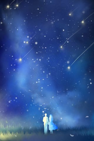 蓝色唯美卡通小清新治愈夜空下情侣配图