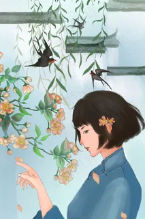 原创古风民国少女清明节气春季出游图