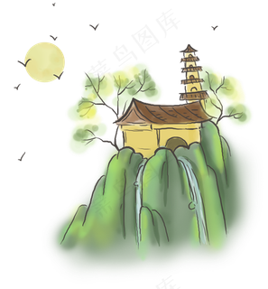 中国风山上的寺庙,免抠元素