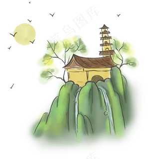 中国风山上的寺庙,免抠元素