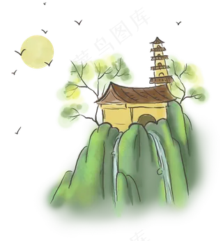 中国风山上的寺庙,免抠元素