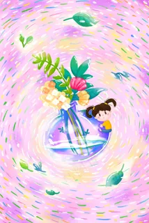 色彩缤纷花瓶植物女孩水