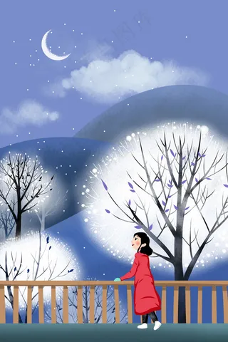 蓝色系卡通手绘风立冬配图