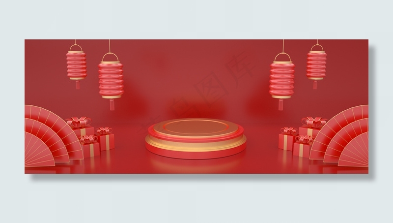 C4D红金灯笼立体几何喜庆开门红