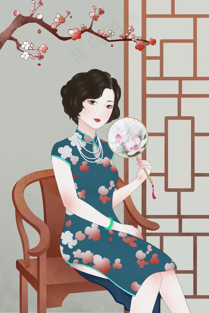 民国女人妩媚女人美女创意民国纸扇