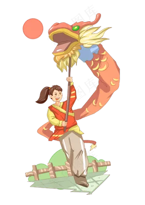 二月二龙抬头舞长龙的小女孩,免抠元素