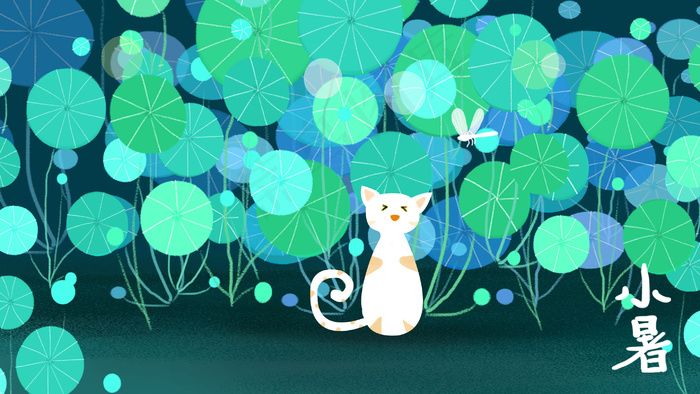 蹲坐在荷叶旁的猫咪(2880X1620(DPI:300))psd模版下载
