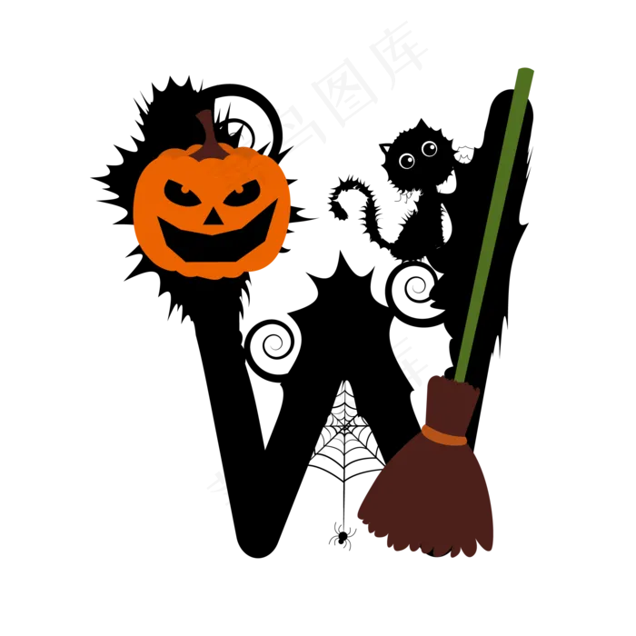 创意万圣节蜘蛛南瓜蝙蝠扫把字母ai矢量模版下载