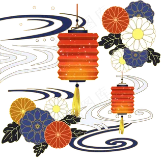 国潮复古中国风灯笼菊花,免抠元素