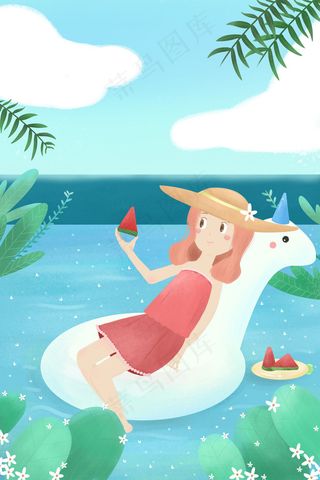夏天海边少女西瓜治愈