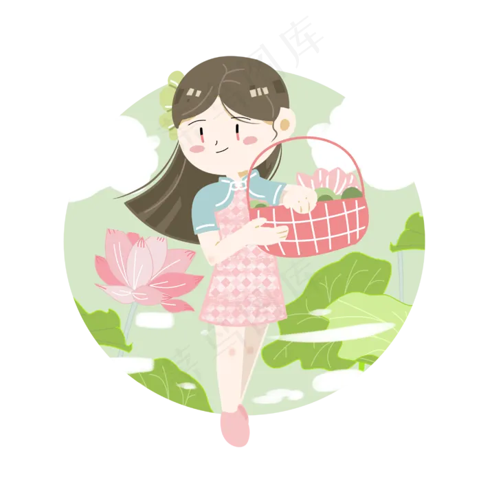 二十四节气立夏小女孩采莲图(3000X3000(DPI:299))psd模版下载