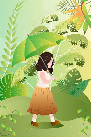 雨水节气女生撑伞