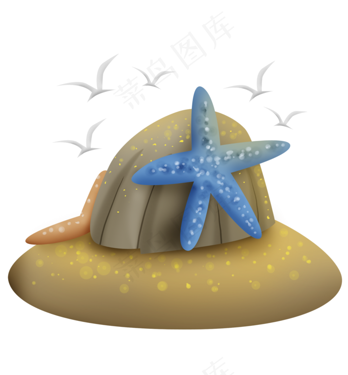 蓝色的海星和海鸥,免抠元素
