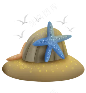 蓝色的海星和海鸥,免抠元素