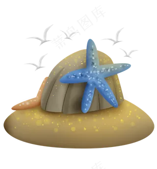 蓝色的海星和海鸥,免抠元素