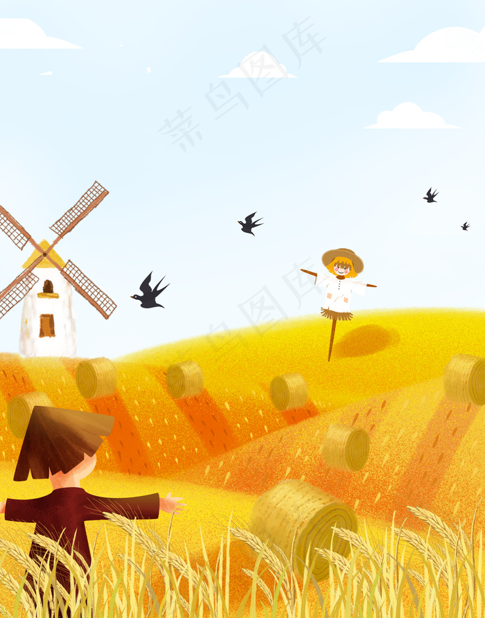 清新黄色芒种麦田收获景象背景