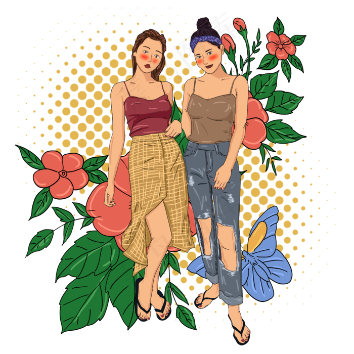 时尚潮流小美女插图(5000X5000(DPI:300))psd模版下载