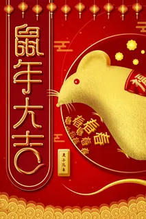 鼠年大吉鎏金平面海报