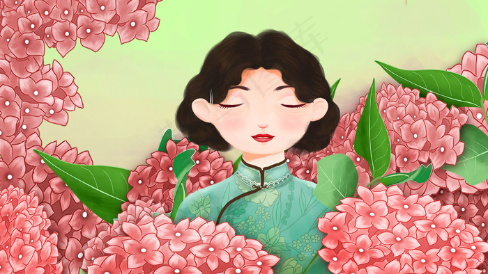 绣球花与少女民国复古治愈唯美旗袍女人春夏