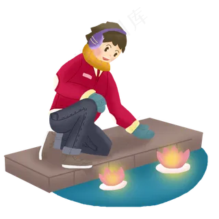 元宵节放荷花灯的小男孩