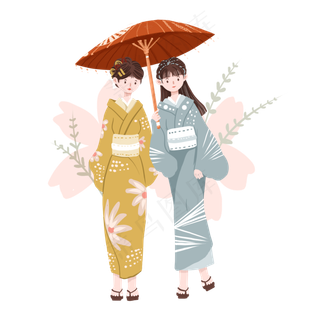 日本穿和服的两个少女免抠图