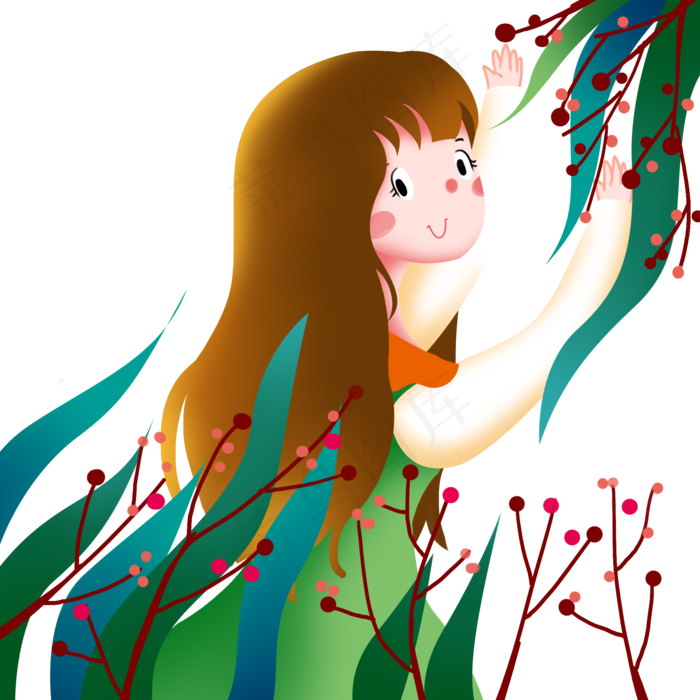 春分采果子女孩插画,免抠元素