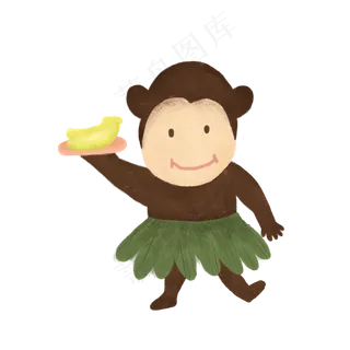 穿绿叶裙子端水果的猴子