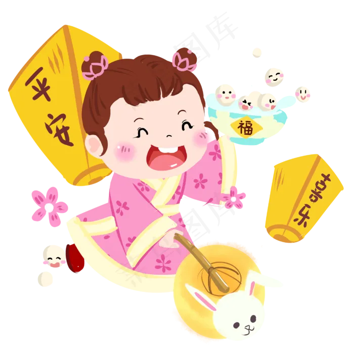 元宵节女孩手绘卡通人物PNG素材,免抠元素(3000*3000px 300 dpi )psd模版下载