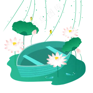 春天荷花小船和小鸟
